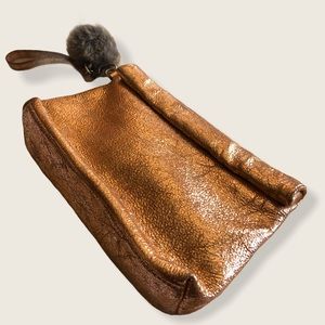 Anthropologie Genuine Leather Gold Pom Pom Clutch